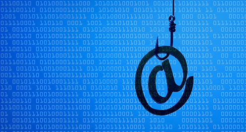 Hook and email icon symbolize phishing emails.