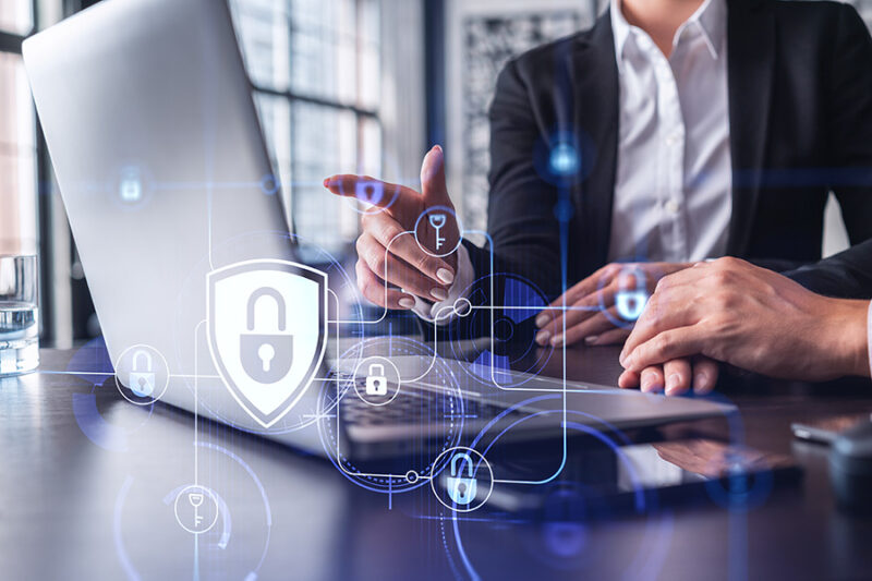 cyber security teamwork concept with padlock hologram icons