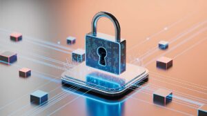 Cybersecurity protection concept with secure padlock on futuristic digital circuit platform