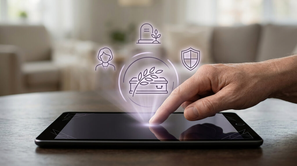 hand using digital tablet for life insurance and funeral planning